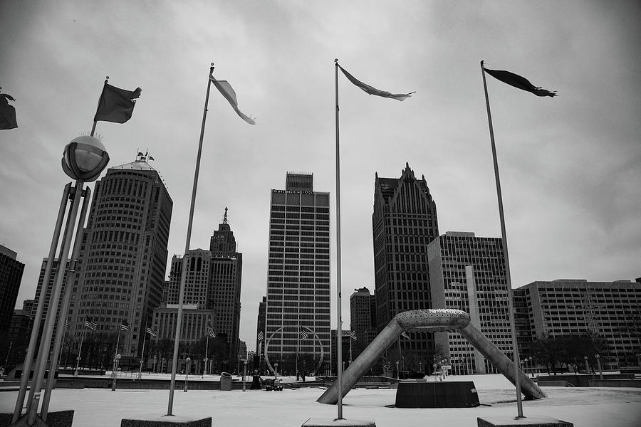 Hart Plaza in Detroit Michigan wide shot in Black and White Photograph by Eldon McGraw