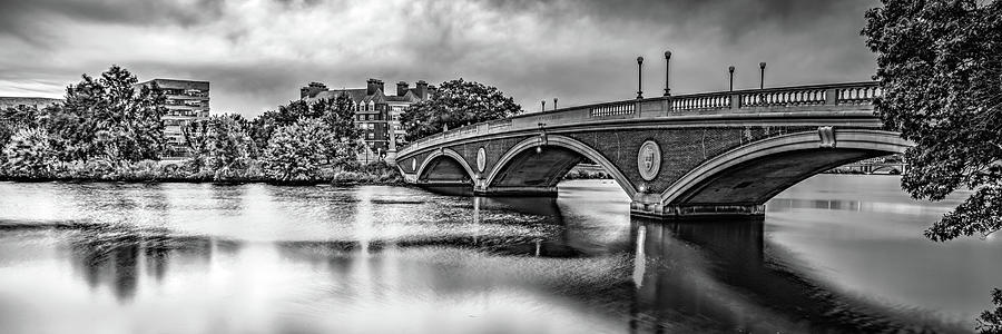 Harvards Weeks Footbridge Over The Charles River Panorama - Black and White Photograph by Gregory Ballos