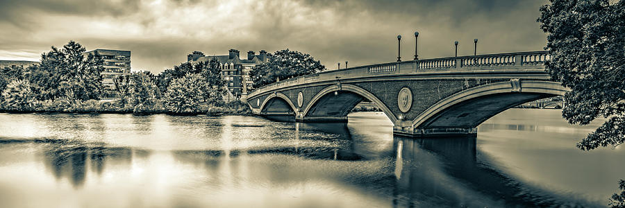 Harvards Weeks Footbridge Over The Charles River Panorama - Sepia Edition Photograph by Gregory Ballos