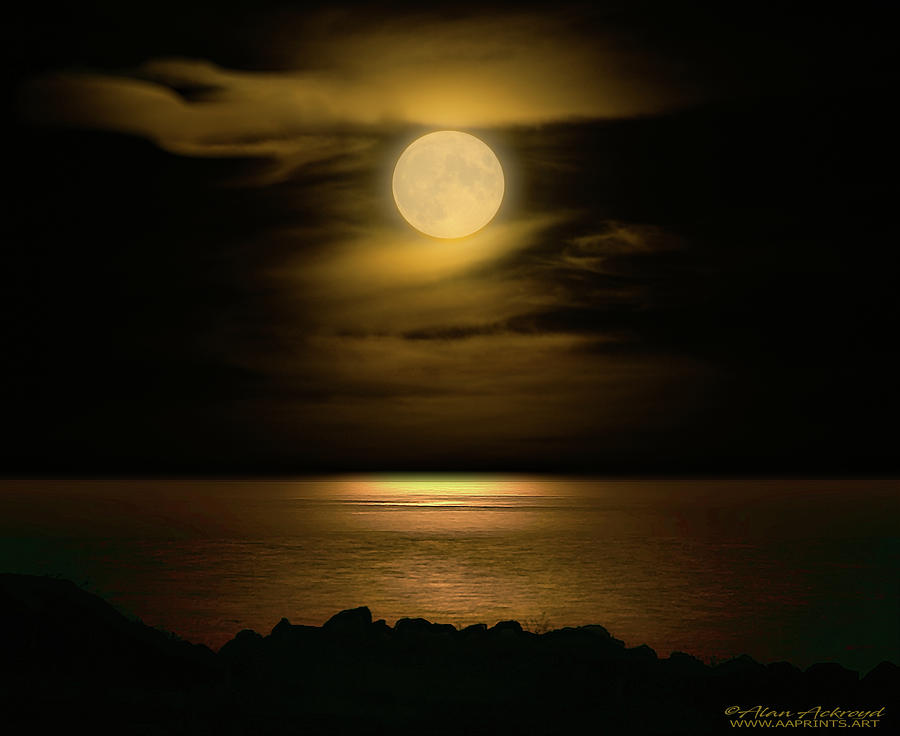 Harves Moon Rising over the Sea Photograph by Alan Ackroyd