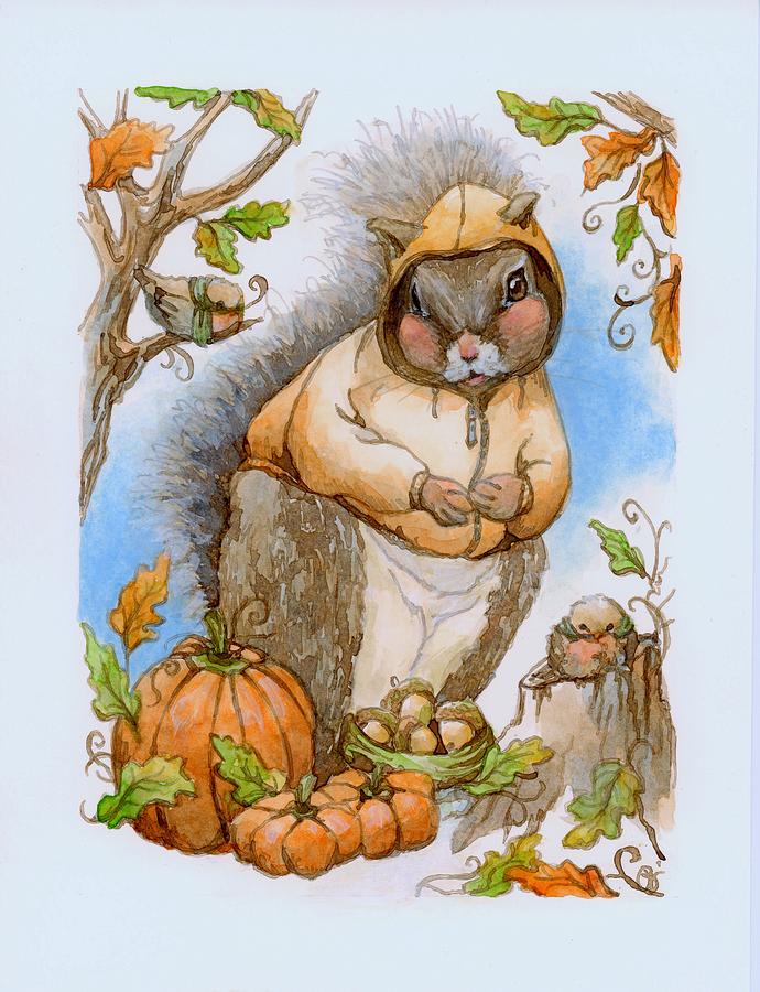 Fall Painting - Harvest Squirrel by PJ Jensen