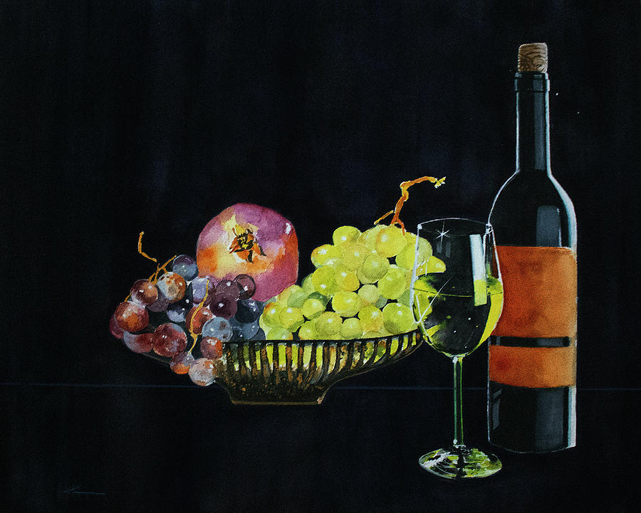 Fruit, Glass And Wine Bottle Painting