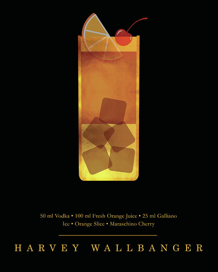Harvey Wallbanger Cocktail - Classic Cocktail Print - Black and Gold - Modern, Minimal Lounge Art Digital Art by Studio Grafiikka