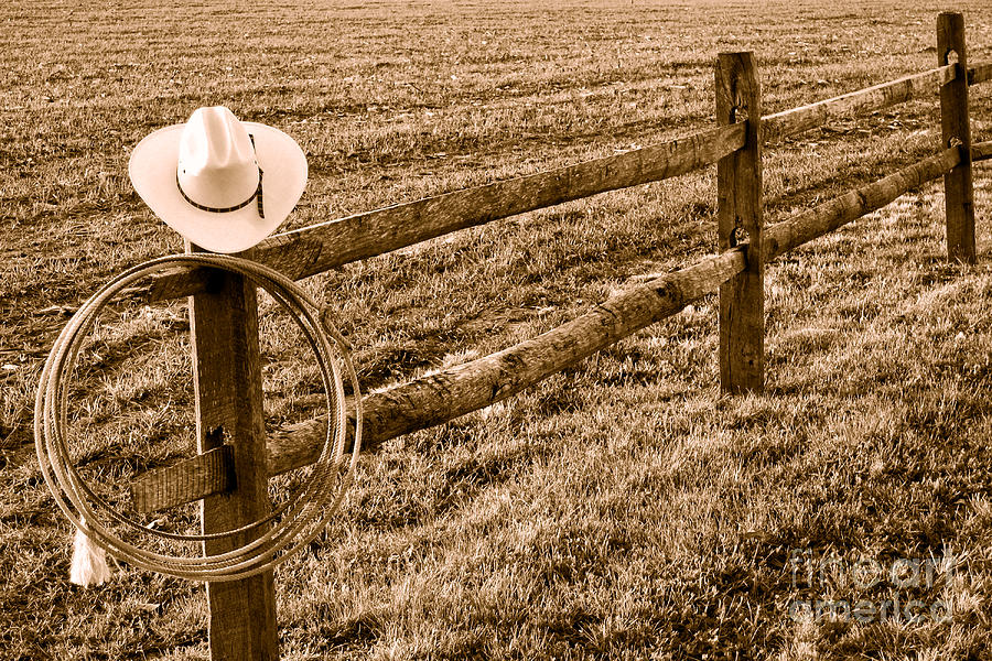 Hat and Lasso on Fence - Sepia Photograph by Olivier Le Queinec