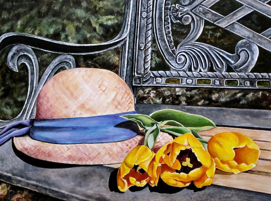 Spring Painting - Hat on garden bench with tulips by Lillian  Bell