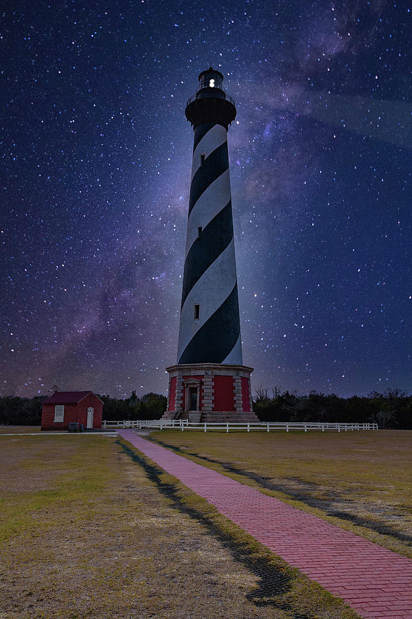 Hatteras Lighthouse at Night with the Milky Way Digital Art by Dan Carmichael