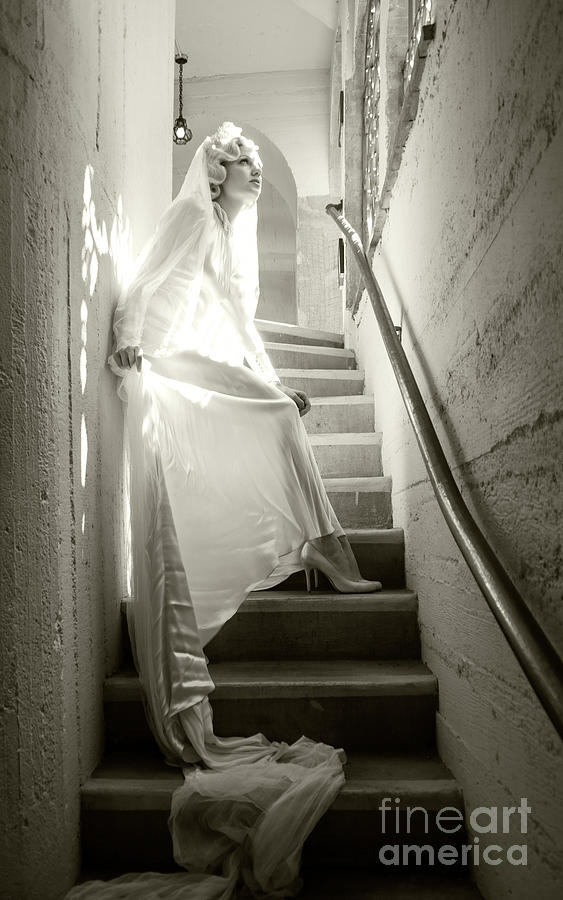 Haunted by History - Mission Inn - Bride on Stairs - sepia Photograph by Sad Hill - Bizarre Los Angeles Archive