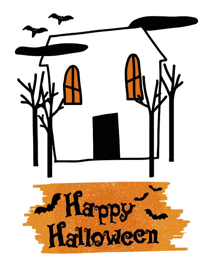 Fantasy Digital Art - Haunted House Halloween Cute Doodle, Halloween Trick Treat Spooky Creepy Pumpkin Concept, Scary Tree by Mounir Khalfouf