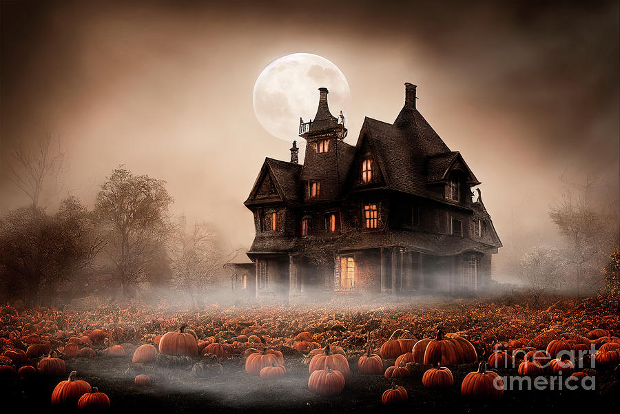 Haunted house on pumpkin field at night. Halloween design. Full  Photograph by Jelena Jovanovic