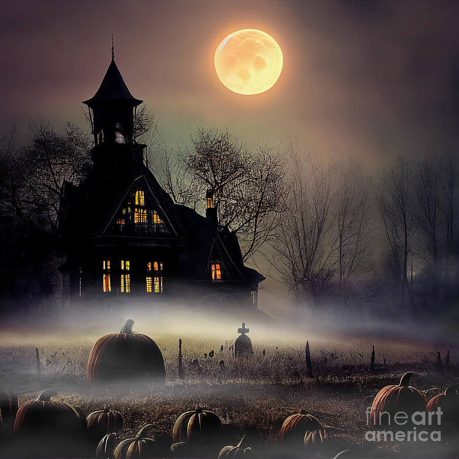Haunted house on pumpkin field. Halloween night scene.  Photograph by Jelena Jovanovic