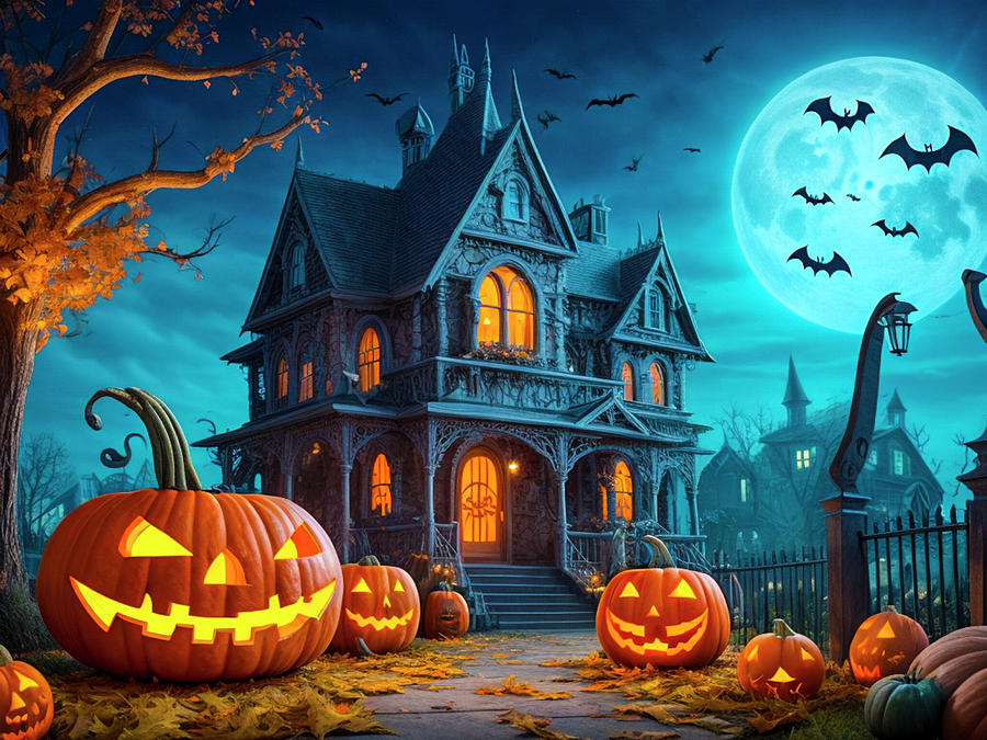 Haunted House with Jack olanterns Digital Art by Bill Barber