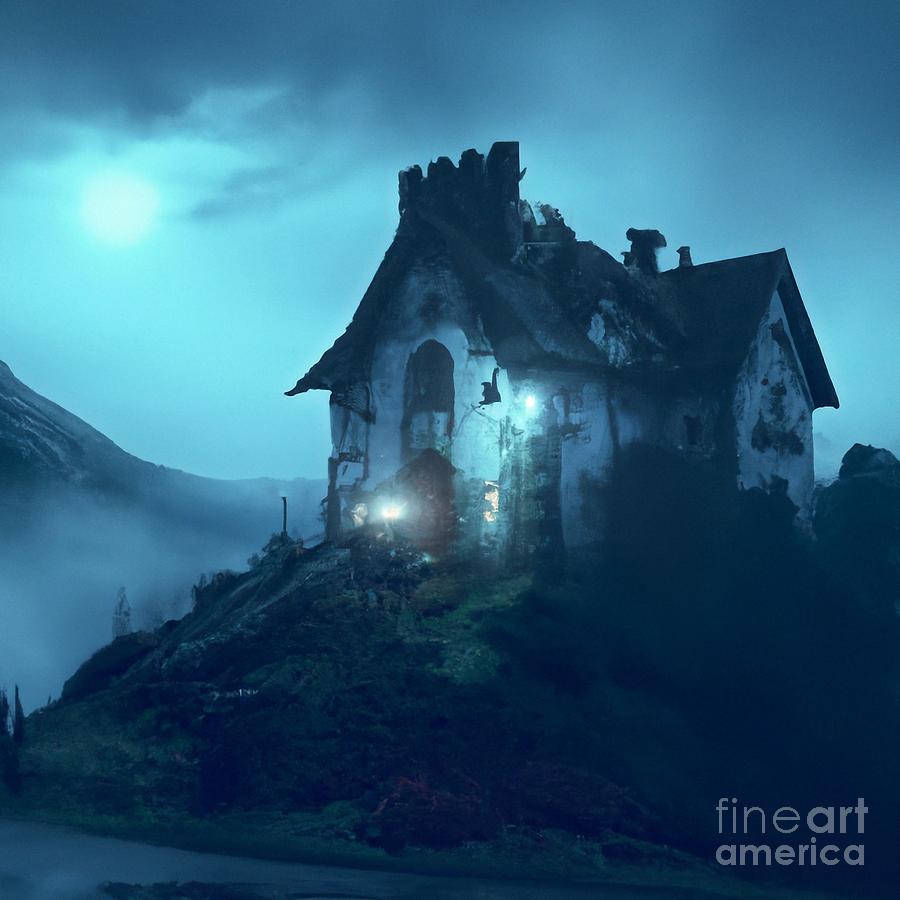 Haunted Mansion Ghost House at Night on Hill Scary Creepy Landscape ...