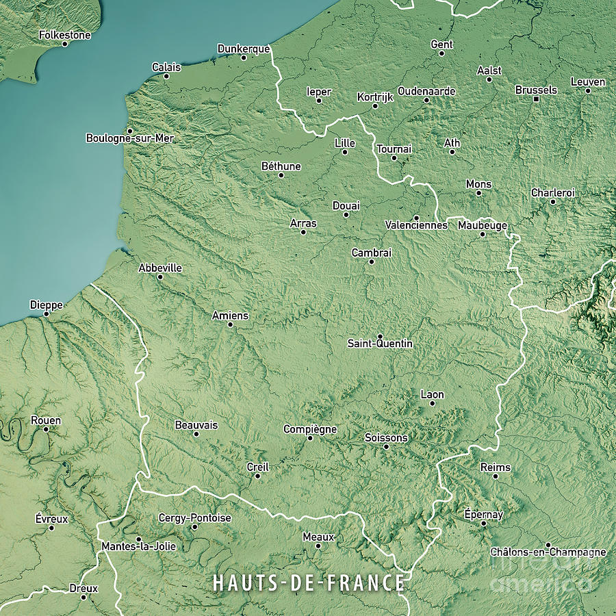 Map Digital Art - Hauts-de-France 3D Render Topographic Map Color Border Cities by Frank Ramspott