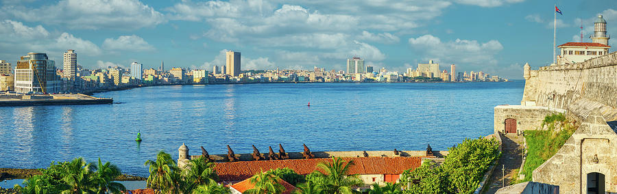 Panoramic view of the colonial fortresses of El Morro and La Cabana in  Havana by Karel Miragaya