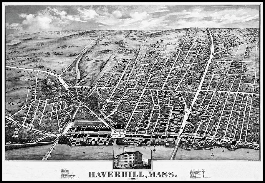 Haverhill Massachusetts Antique Map Birds Eye View 1876 Black And White Photograph By Carol Japp 5571