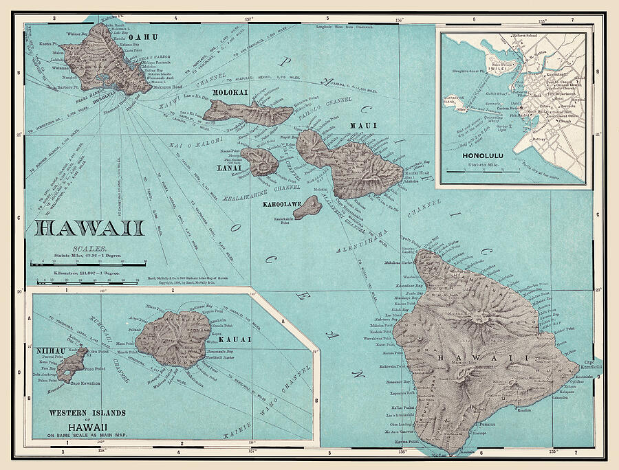 Hawaii old map with distances 1898 Photograph by Phil Cardamone - Fine ...