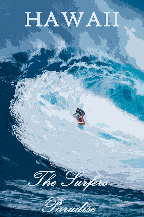 Vintage Digital Art - Hawaii surfer on big wave retro, vintage style travel poster by Mounir Khalfouf