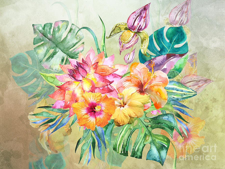 Hawaiian Hibiscus and Monstera Digital Art by J Marielle