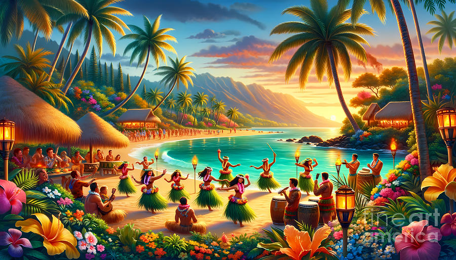 Beach Digital Art - Hawaiian Luau Party, A festive Hawaiian beach scene with dancers and tropical flora by Jeff Creation