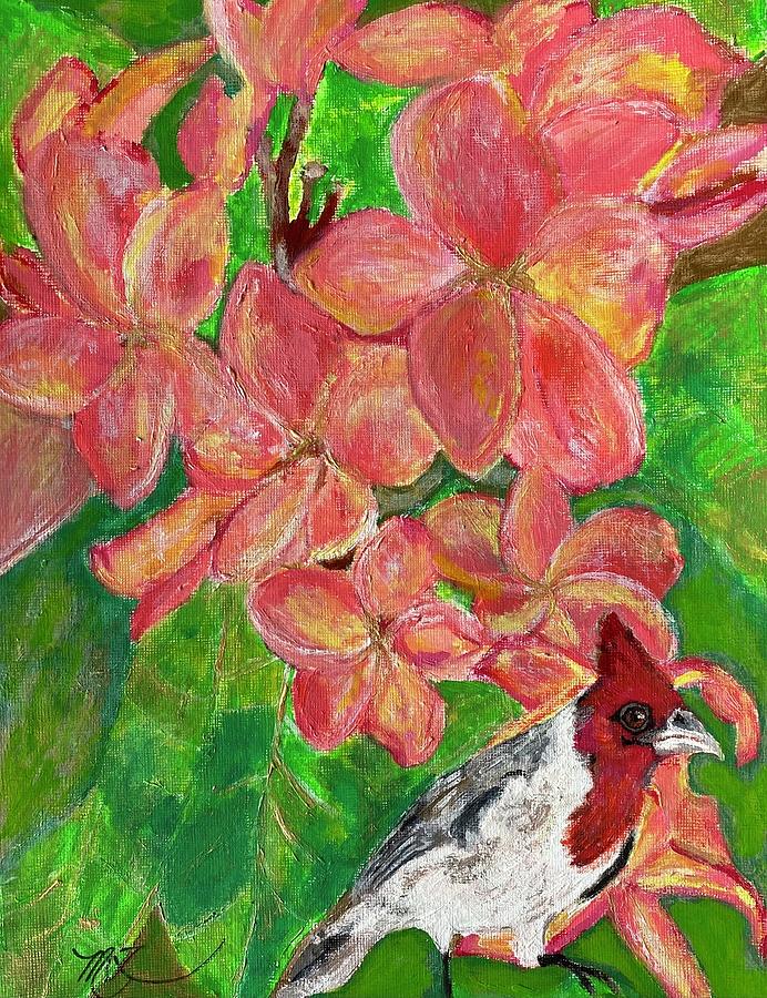 Hawaiian Red Cardinal in Plumeria Painting by Melody Fowler