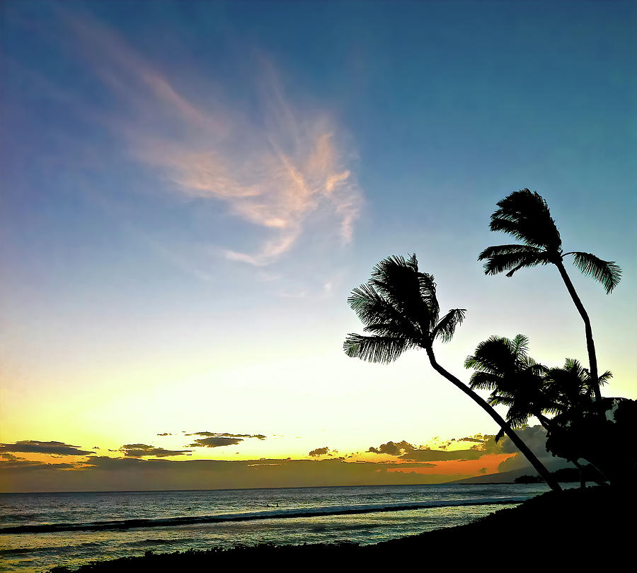 Hawaiian Sunset Clouds Palm Trees Ocean Beach Photograph by Deborah League