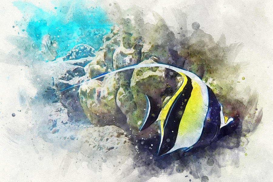 Fish Mixed Media - Hawaiian Tropical Fish Watercolor - Moorish Idol by Silver Spiral Studio