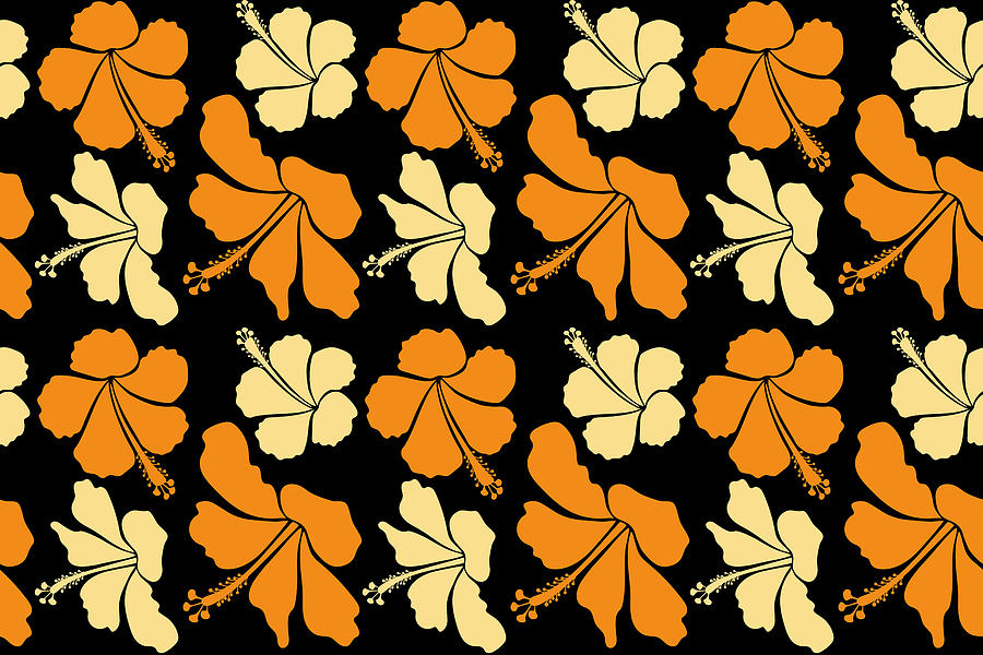 Hawaiian Tropical Natural Floral Seamless Pattern In Orange And Yellow Colors. Hibiscus Flowers On A Black Background In A Trendy Style. Drawing