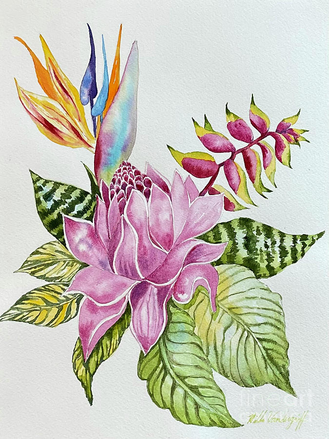 Hawiian Flowers and Pink Ginger  Painting by Hilda Vandergriff
