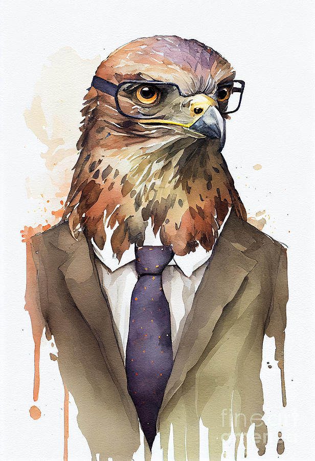 Hawk Painting - Hawk in Suit Watercolor Hipster Animal Retro Costume by Jeff Creation