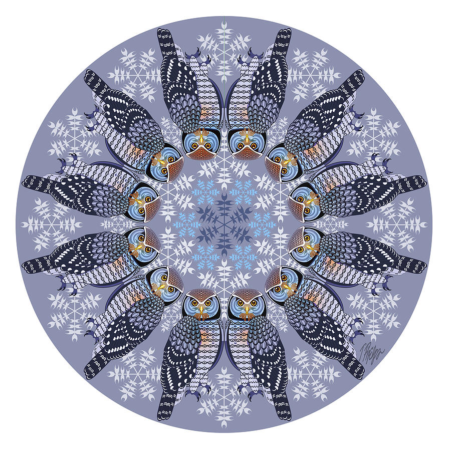 Hawk Owl Snowflake Mandala Digital Art by Tim Phelps
