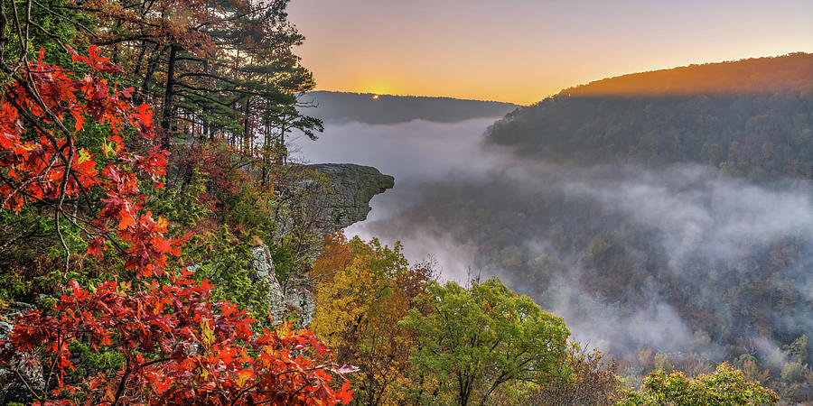 Hawksbill Crag Sunrise and Ozark National Forest Landscape in Autumn Panorama Photograph by Gregory Ballos