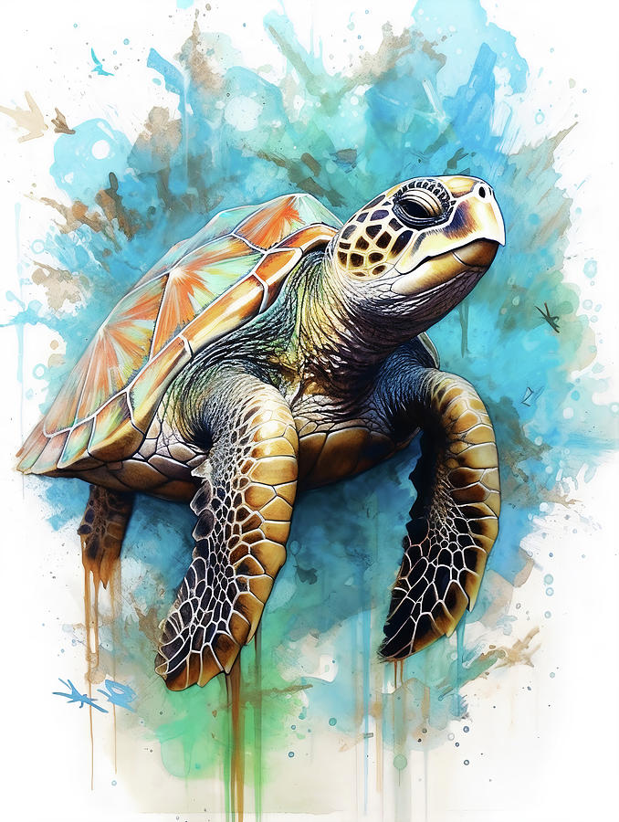 Hawksbill Turtle Under the Blue Sea Digital Art by Caito Junqueira
