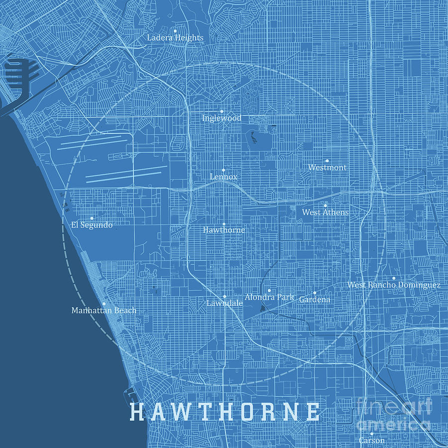 Hawthorne CA City Vector Road Map Blue Text Digital Art by Frank