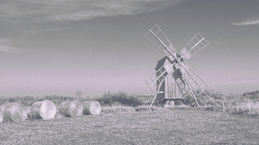 Hay bales and Windmill Photograph by Elaine Berger