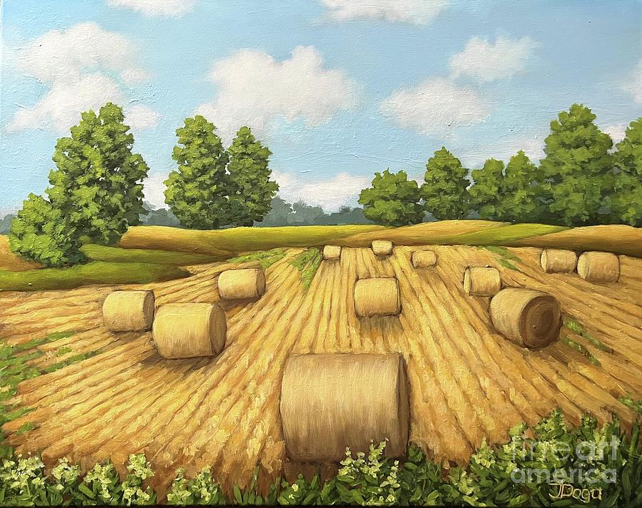Hay bales, autumn field Painting by Inese Poga