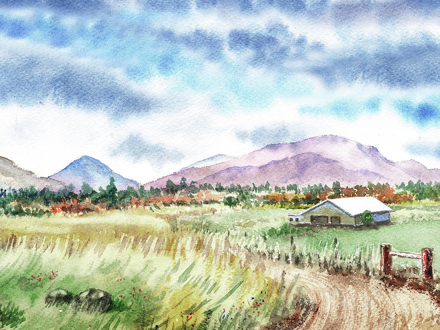 Hay Fields Purple Mountains White Barn Watercolor Farm Painting by Irina Sztukowski