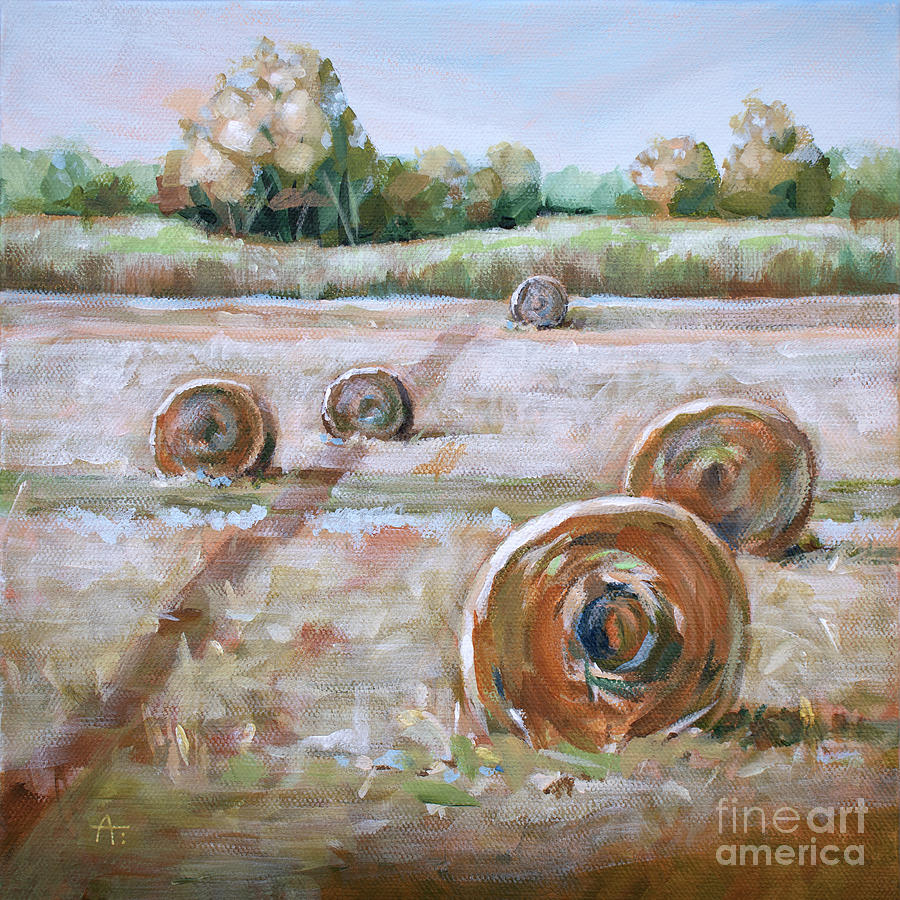 Hay Friends - Hay Bales landscape Painting by Annie Troe