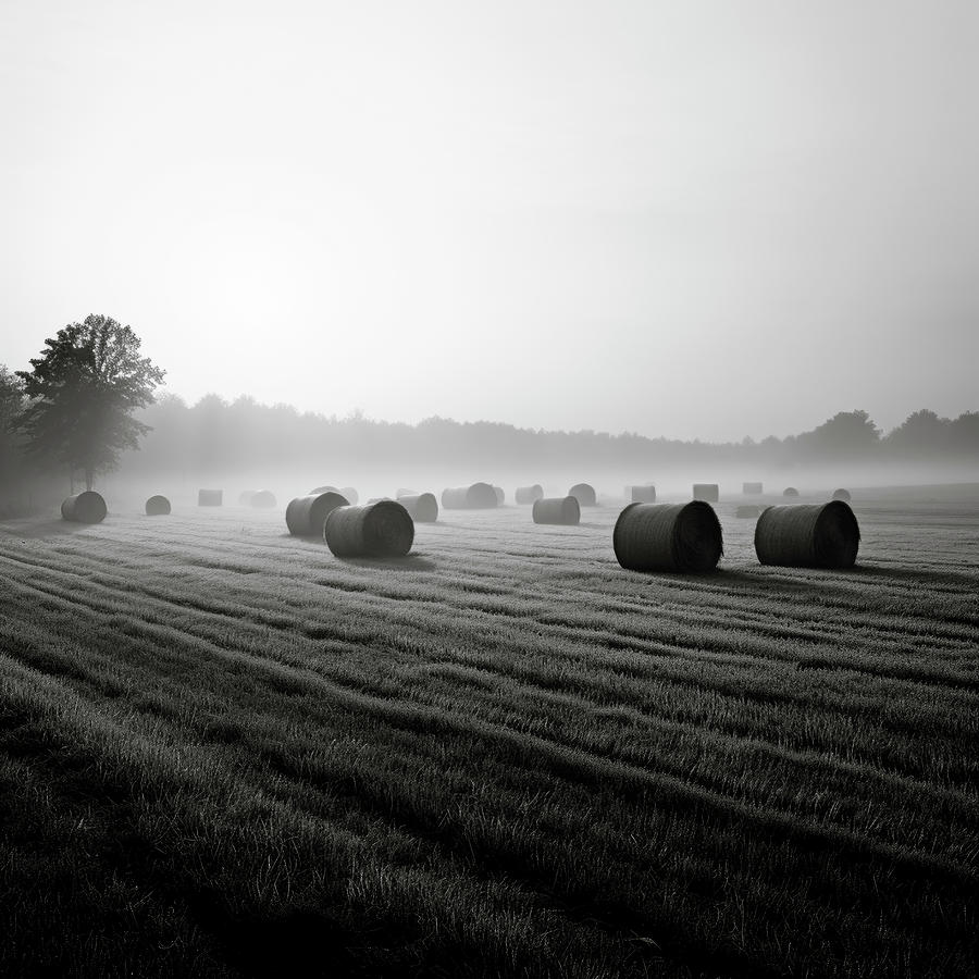 Black And White Digital Art - Hay Rolls in Fog after the Harvest by Yo Pedro