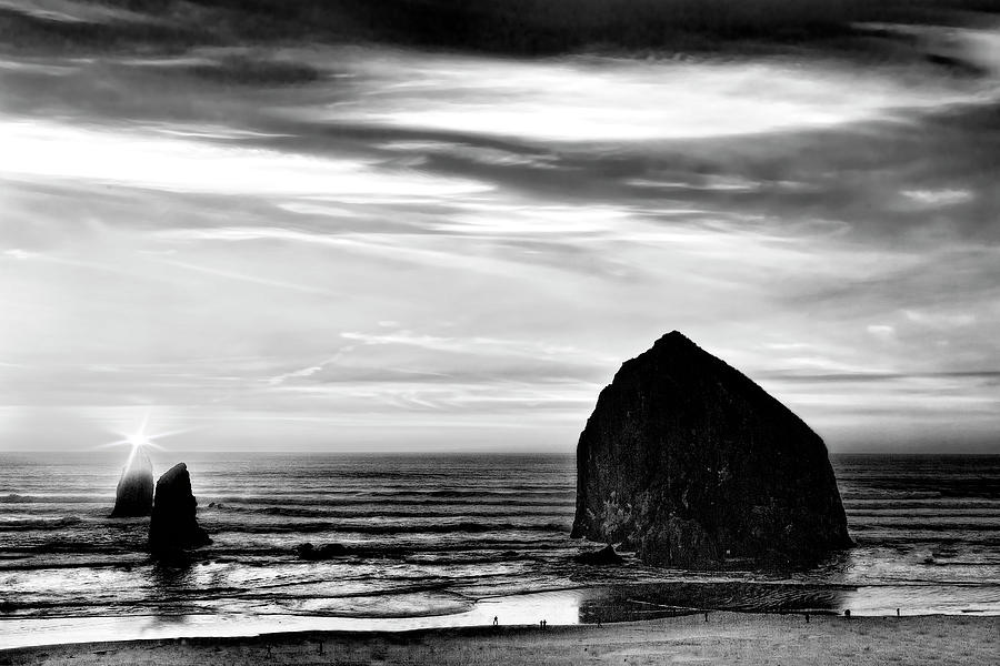 Haystack Rock Sunset in Black and White Photograph by Kay Brewer