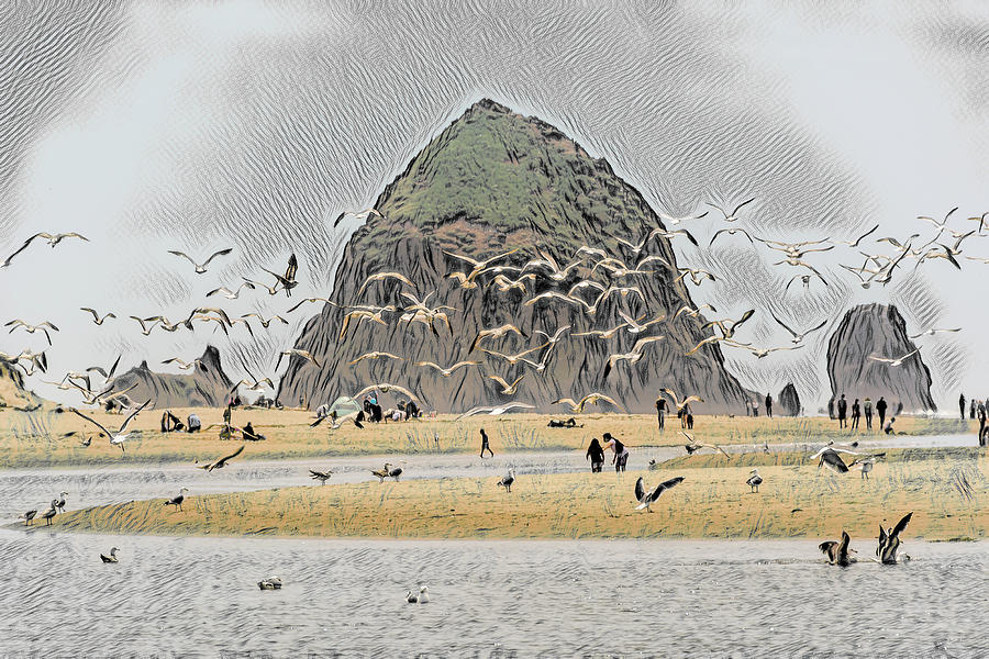 Haystack Rock With Flying Gulls Digital Art