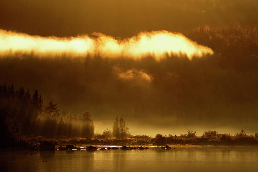 Haze is glowing golden over a forest lake Photograph by Ulrich Kunst And Bettina Scheidulin