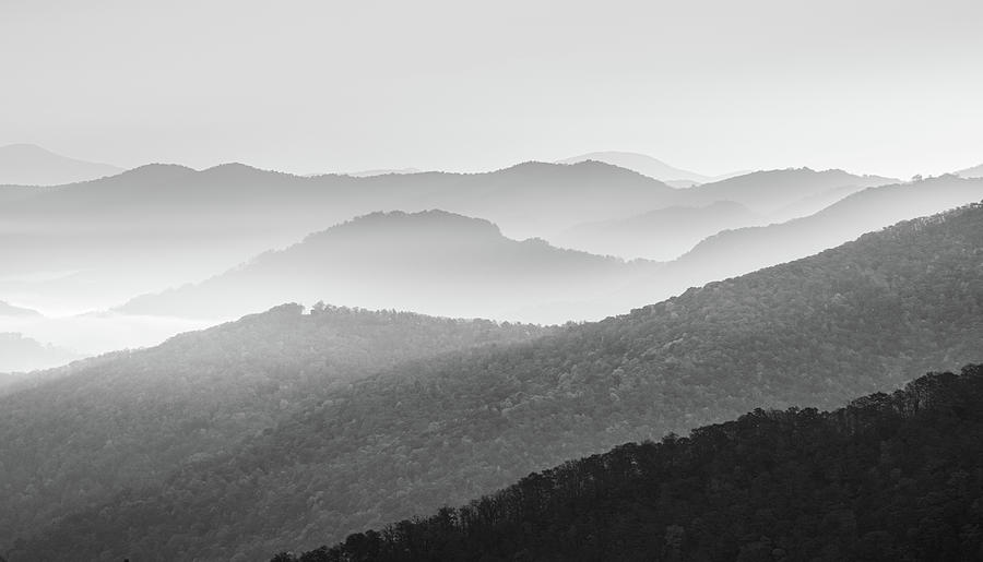 Hazy Mountain Sunrise In Black And White Photograph