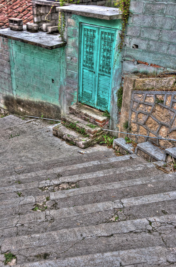 HDR Mexican Stair Case Leading to Bright Blue Door Photograph by Matthew Bamberg