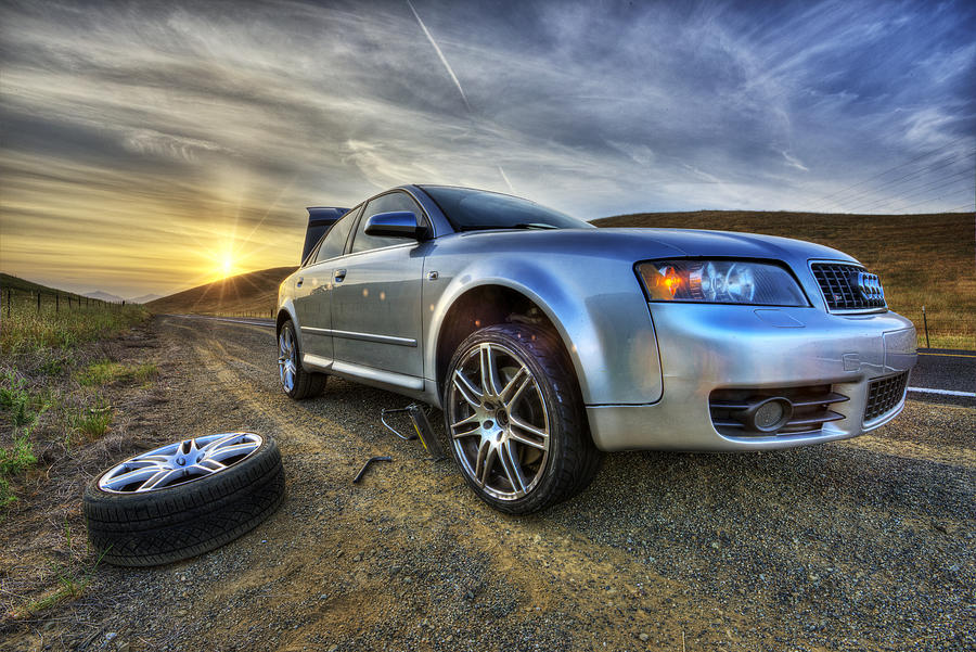 HDRI - Flat Tire At Sunset in the Country Photograph by Toddarbini