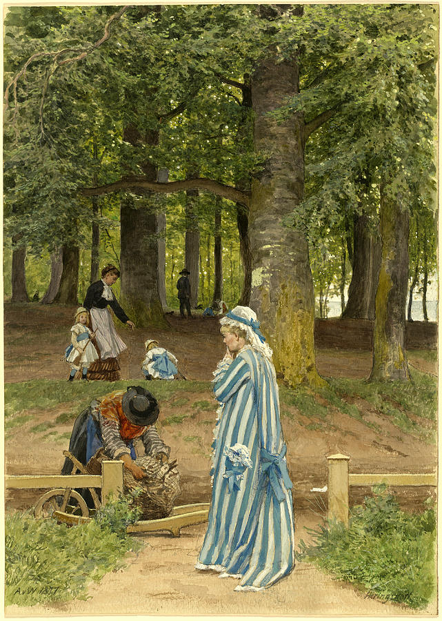The Artists Wife and Daughters in a Park at Heringsdorf #3 Drawing by Anton von Werner