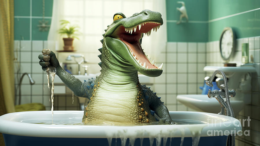 He Crocodile Is Bathing In The Bathtub And Singing While Doing So. Digital Art by Odon Czintos