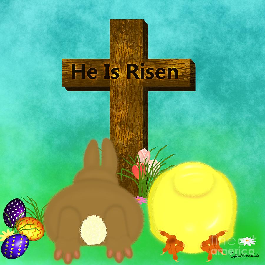 He Is Risen The Easter Bunny and Chick Bow to Cross Digital Art by Colleen Cornelius