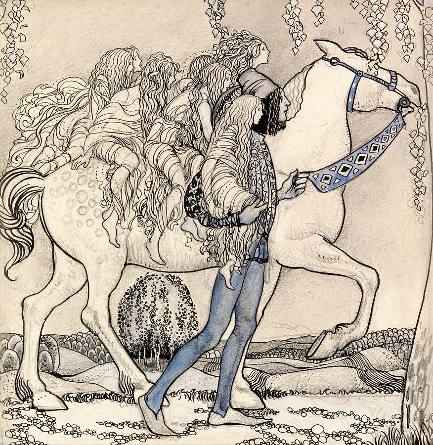 He led the horse by the bridle and in that way they traveled through the forest Drawing by John Bauer