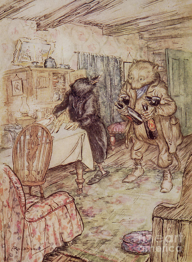 He presently reappeared, somewhat dusty, with a bottle of beer in each paw Painting by Arthur Rackham