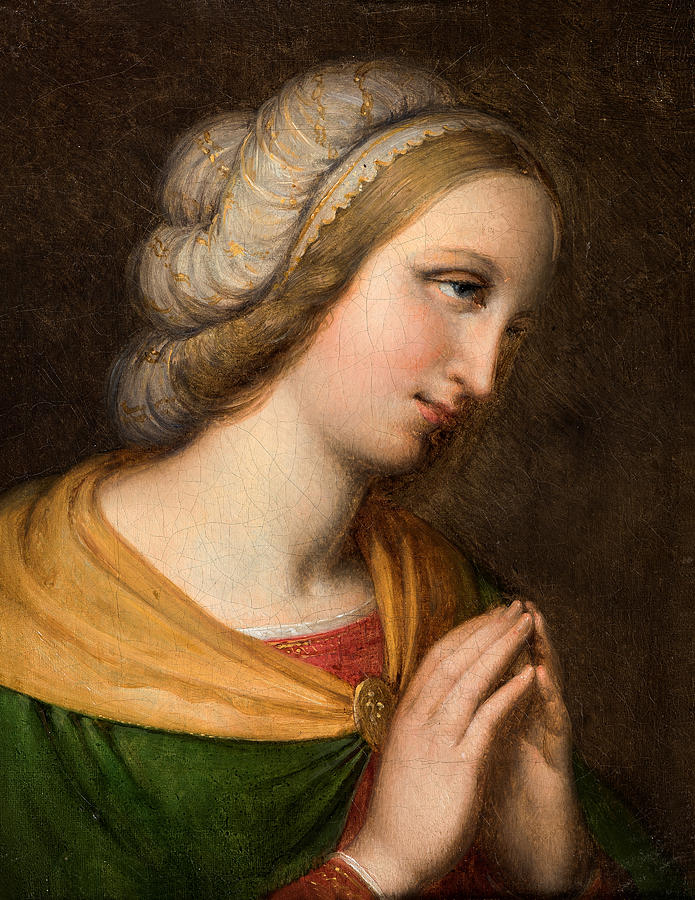Head and shoulders portrait of a praying woman. Copy of a painting by Perugino Painting by Johan Ludwig Lund